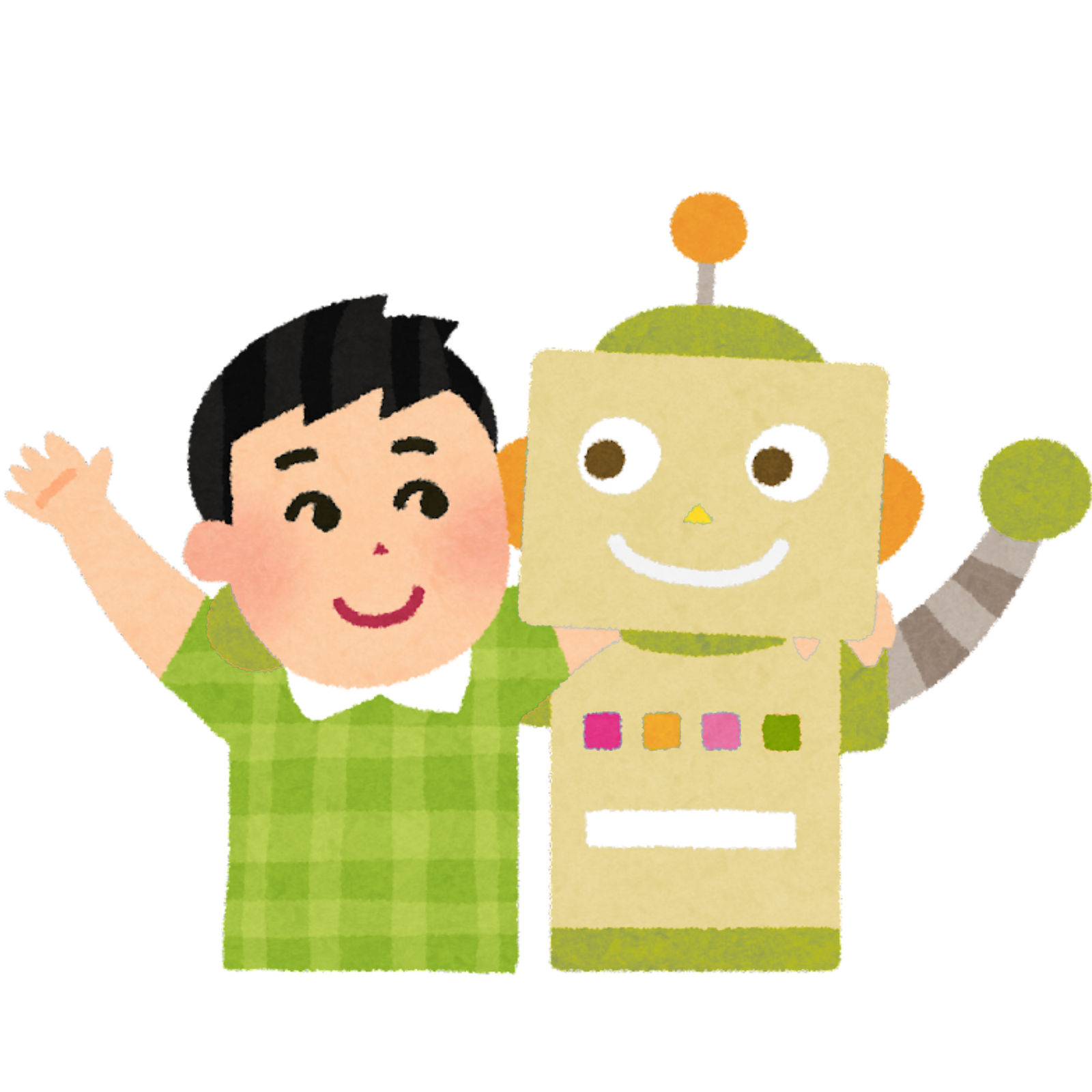 child and robot rise hands